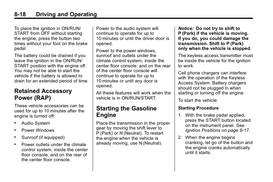 Retained accessory power (rap), Starting the gasoline engine, Starting | Retained accessory, Power (rap) -18, Starting the gasoline, Engine -18, 18 driving and operating | Cadillac 2010 SRX Crossover User Manual | Page 262 / 470