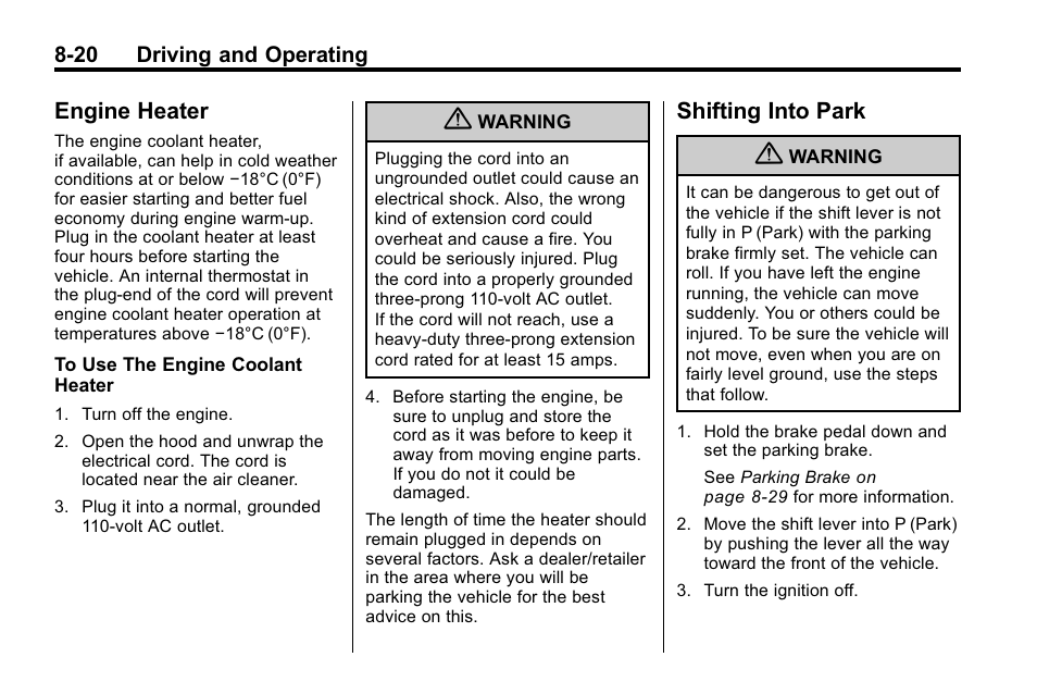 Engine heater, Shifting into park, Shifting into | Engine heater -20 shifting into park -20, Selective | Cadillac 2010 SRX Crossover User Manual | Page 264 / 470