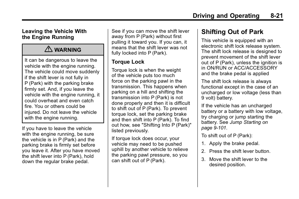 Shifting out of park, Shifting out of park -21 | Cadillac 2010 SRX Crossover User Manual | Page 265 / 470