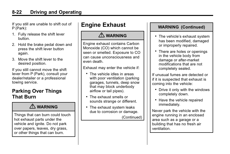 Parking over things that burn, Engine exhaust, Parking over things | That burn -22, Engine exhaust -22, 22 driving and operating | Cadillac 2010 SRX Crossover User Manual | Page 266 / 470