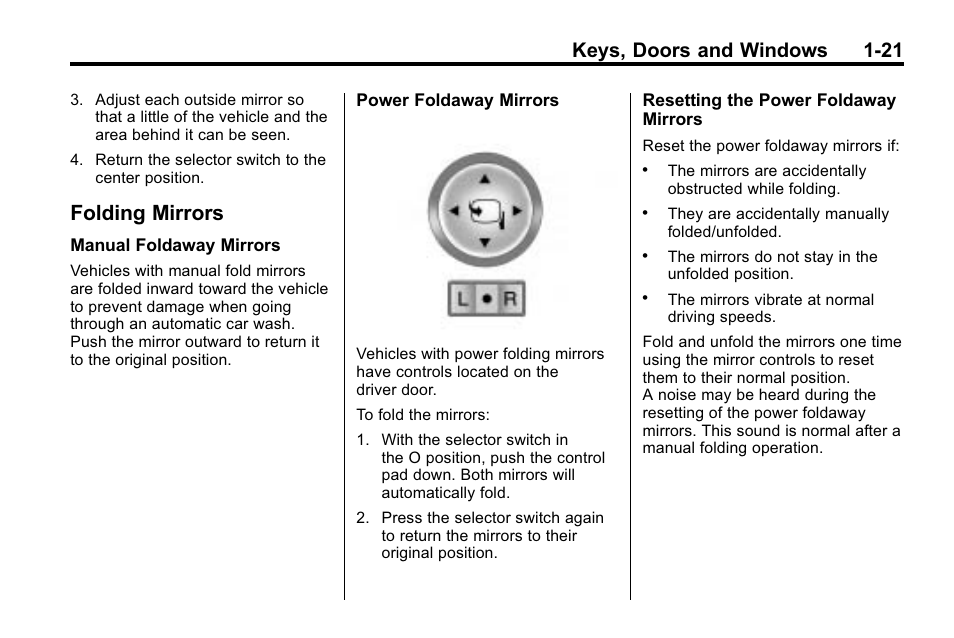 Folding mirrors, Folding mirrors -21, Keys, doors and windows 1-21 | Cadillac 2010 SRX Crossover User Manual | Page 27 / 470