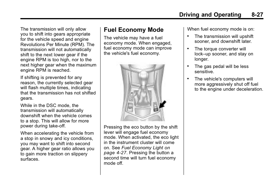 Fuel economy mode, Fuel economy mode -27, Driving and operating 8-27 | Cadillac 2010 SRX Crossover User Manual | Page 271 / 470