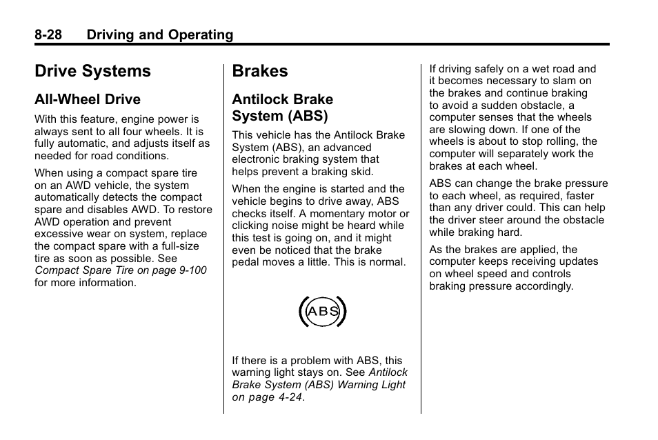 Drive systems, All-wheel drive, Brakes | Antilock brake system (abs), Drive systems -28 brakes -28, Drive -28, Antilock brake, System (abs) -28 | Cadillac 2010 SRX Crossover User Manual | Page 272 / 470