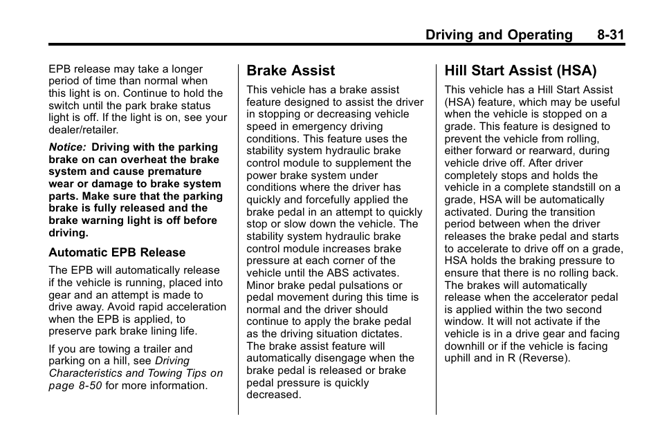 Brake assist, Hill start assist (hsa), Brake assist -31 hill start assist (hsa) -31 | Cadillac 2010 SRX Crossover User Manual | Page 275 / 470