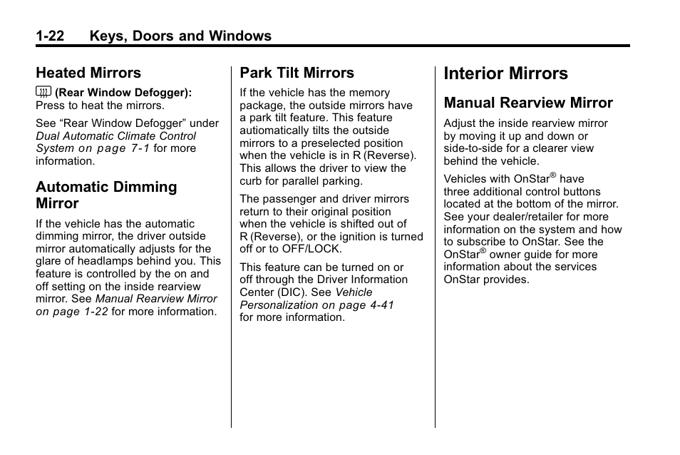 Heated mirrors, Automatic dimming mirror, Park tilt mirrors | Interior mirrors, Manual rearview mirror, Interior mirrors -22, Information, Manual rearview mirror -22, 22 keys, doors and windows | Cadillac 2010 SRX Crossover User Manual | Page 28 / 470