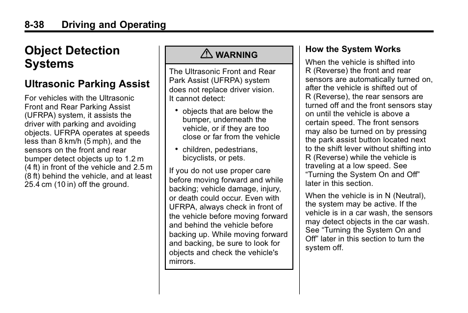 Object detection systems, Ultrasonic parking assist, Systems -38 | Ultrasonic parking assist -38 | Cadillac 2010 SRX Crossover User Manual | Page 282 / 470