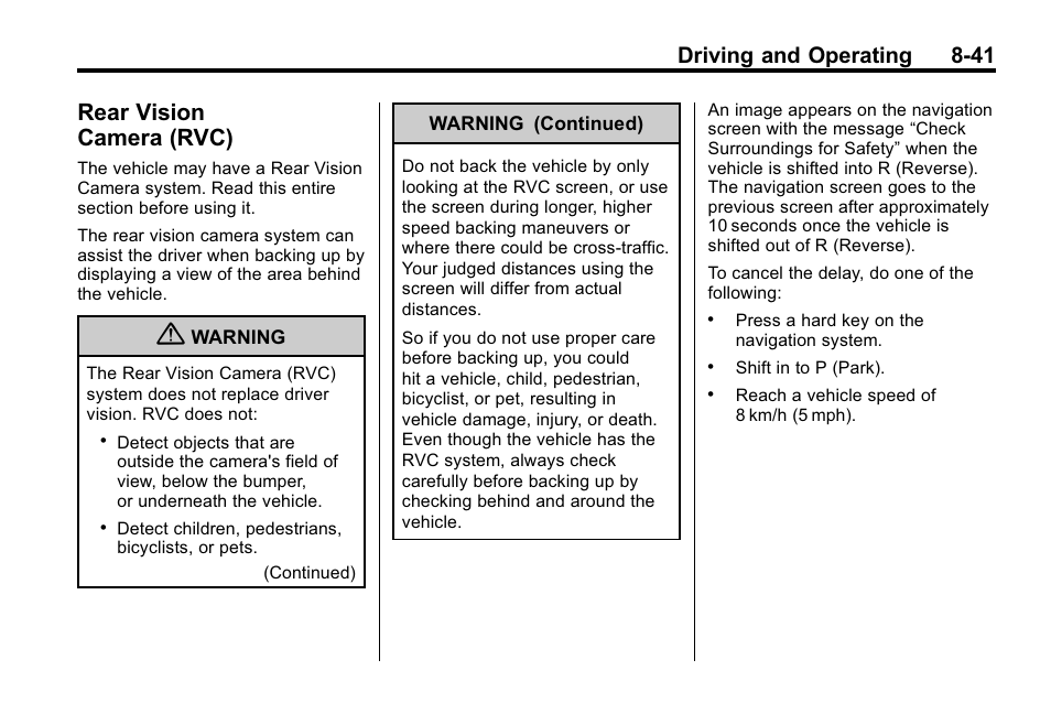 Rear vision camera (rvc), Rear vision, Camera (rvc) -41 | Driving and operating 8-41 | Cadillac 2010 SRX Crossover User Manual | Page 285 / 470