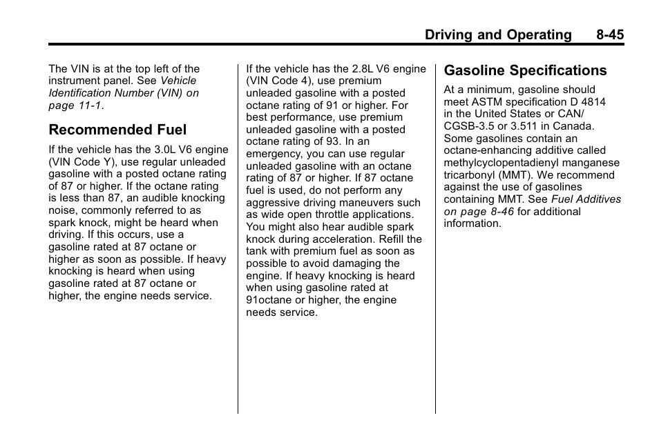 Recommended fuel, Gasoline specifications, Recommended fuel -45 gasoline specifications -45 | Cadillac 2010 SRX Crossover User Manual | Page 289 / 470