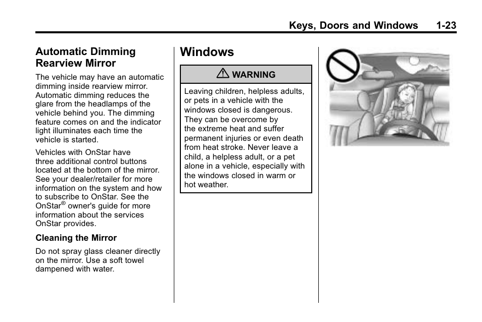 Automatic dimming rearview mirror, Windows, Windows -23 | Vehicle messages, Automatic dimming rearview, Mirror -23 | Cadillac 2010 SRX Crossover User Manual | Page 29 / 470