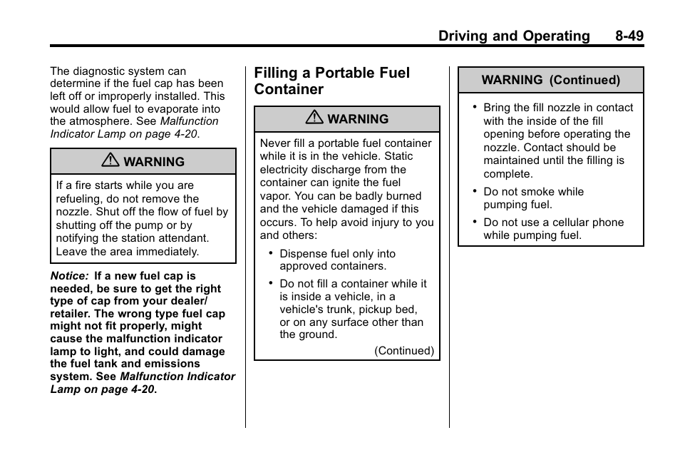 Filling a portable fuel container, Filling a portable fuel, Container -49 | Driving and operating 8-49 | Cadillac 2010 SRX Crossover User Manual | Page 293 / 470