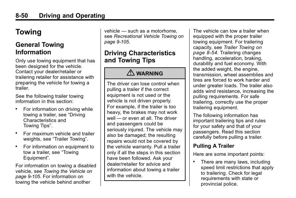 Towing, General towing information, Driving characteristics and towing tips | Towing -50, General towing, Information -50, Driving characteristics and, Towing tips -50, Economy, 50 driving and operating | Cadillac 2010 SRX Crossover User Manual | Page 294 / 470