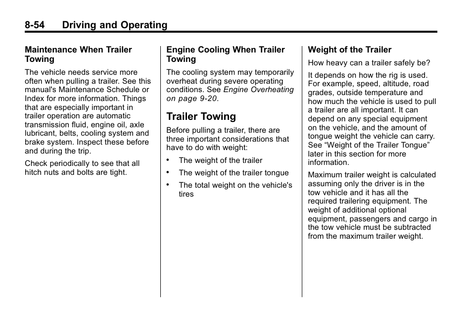 Trailer towing, Trailer towing -54, Driving | 54 driving and operating | Cadillac 2010 SRX Crossover User Manual | Page 298 / 470