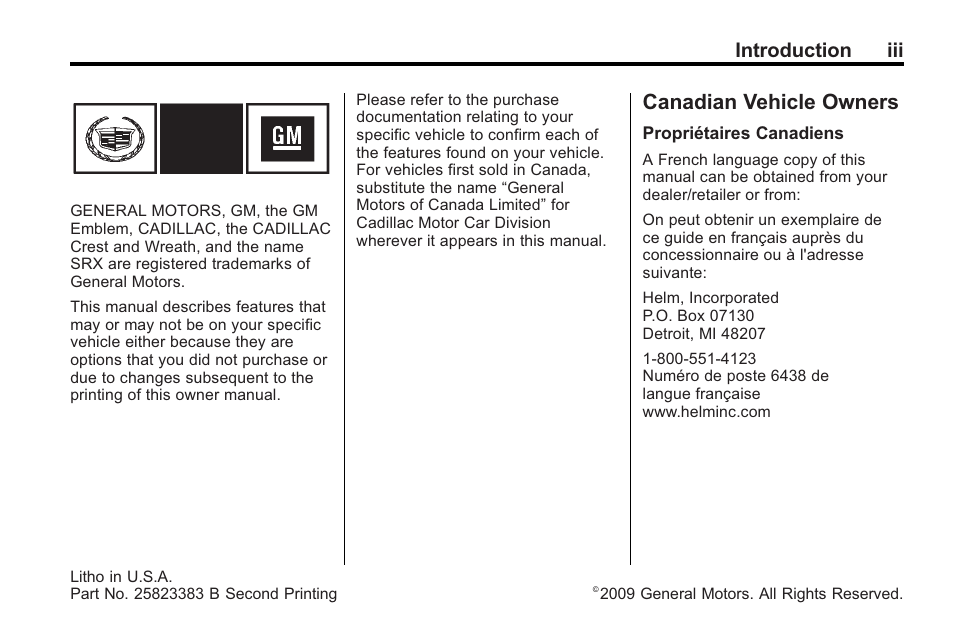 Introduction, Canadian vehicle owners, Introduction iii | Cadillac 2010 SRX Crossover User Manual | Page 3 / 470