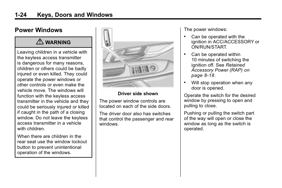 Power windows, Power windows -24, 24 keys, doors and windows | Cadillac 2010 SRX Crossover User Manual | Page 30 / 470