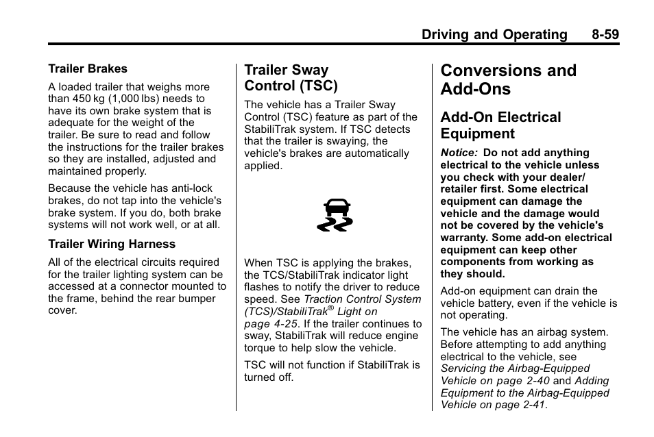 Trailer sway control (tsc), Conversions and add-ons, Add-on electrical equipment | Conversions and add-ons -59, Trailer sway, Control (tsc) -59, Add-on electrical, Equipment -59 | Cadillac 2010 SRX Crossover User Manual | Page 303 / 470