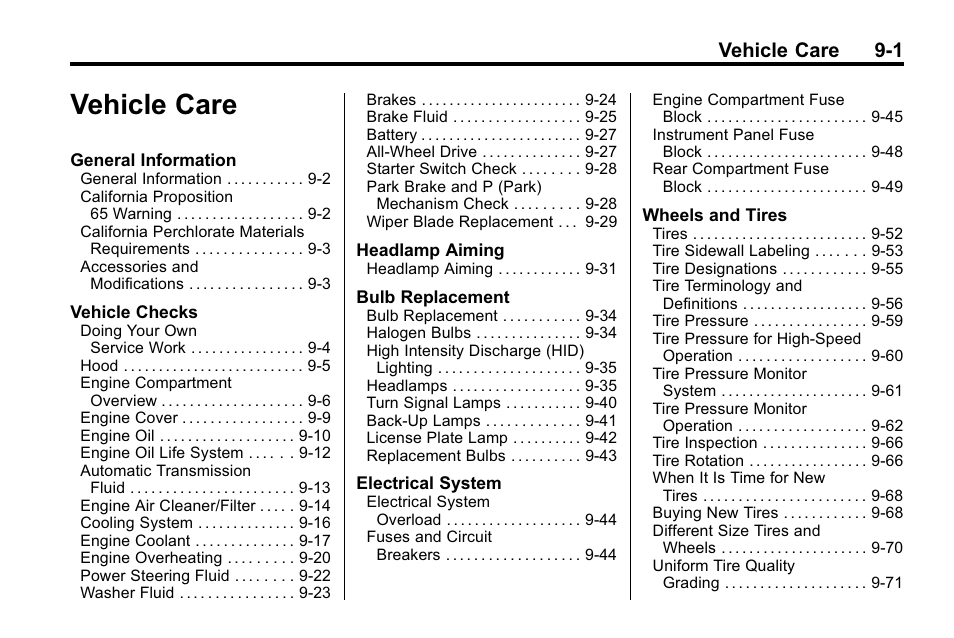 Vehicle care, Vehicle care -1, Vehicle care 9-1 | Cadillac 2010 SRX Crossover User Manual | Page 305 / 470