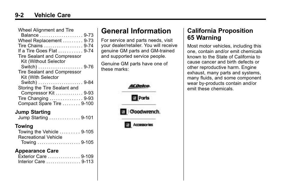 General information, California proposition 65 warning, General information -2 | Vehicle, General information -2 california proposition, 65 warning -2, 2 vehicle care | Cadillac 2010 SRX Crossover User Manual | Page 306 / 470