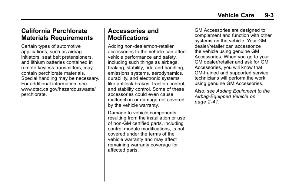 California perchlorate materials requirements, Accessories and modifications, California perchlorate materials | Requirements -3, Accessories and, Modifications -3 | Cadillac 2010 SRX Crossover User Manual | Page 307 / 470