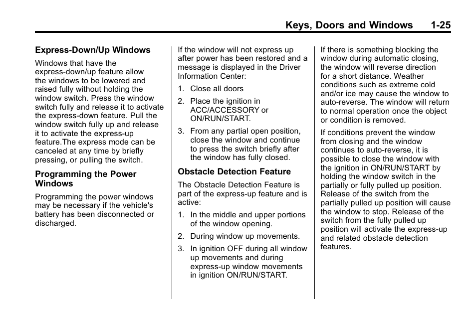 Keys, doors and windows 1-25 | Cadillac 2010 SRX Crossover User Manual | Page 31 / 470