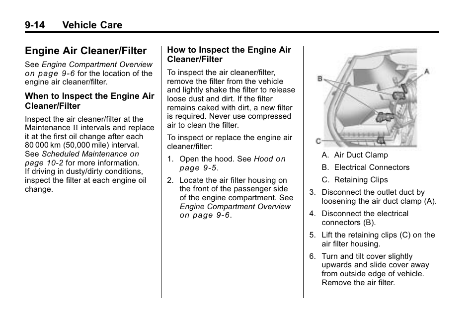 Engine air cleaner/filter, Engine air cleaner/filter -14, Electrical | Engine air cleaner/filter on, 14 vehicle care | Cadillac 2010 SRX Crossover User Manual | Page 318 / 470