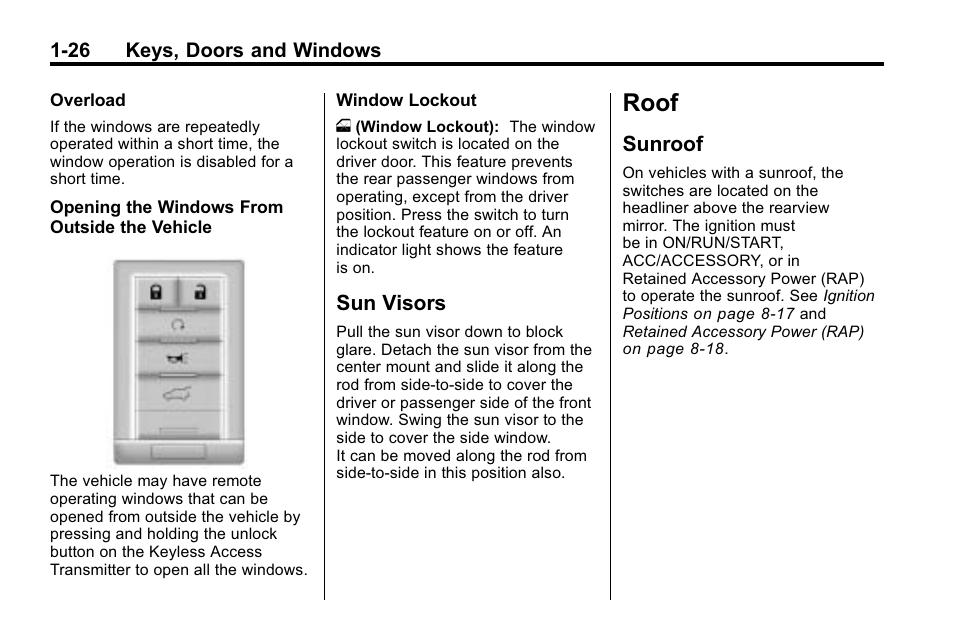 Sun visors, Roof, Sunroof | Roof -26, Vehicle, Sun visors -26 | Cadillac 2010 SRX Crossover User Manual | Page 32 / 470