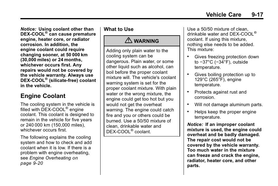 Engine coolant, Engine coolant -17, Fuses | Vehicle care 9-17 | Cadillac 2010 SRX Crossover User Manual | Page 321 / 470