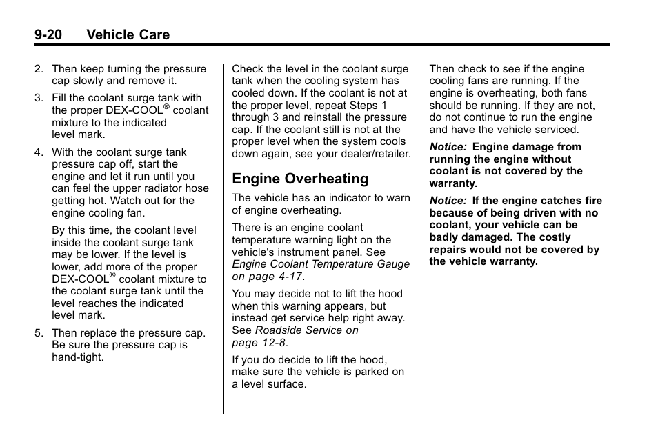 Engine overheating, Engine overheating -20, 20 vehicle care | Cadillac 2010 SRX Crossover User Manual | Page 324 / 470