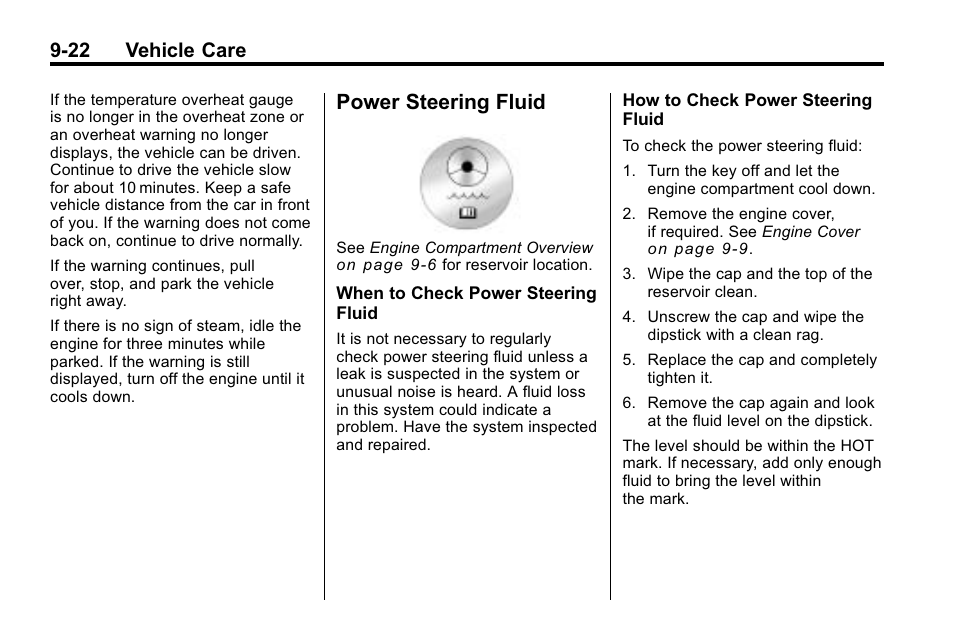 Power steering fluid, Power steering fluid -22, 22 vehicle care | Cadillac 2010 SRX Crossover User Manual | Page 326 / 470