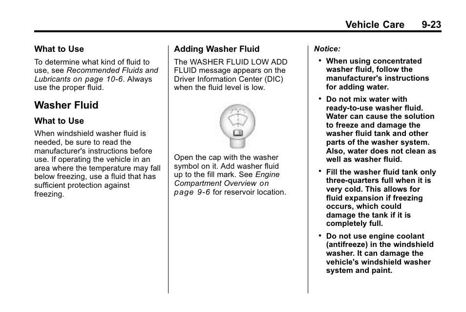 Washer fluid, Washer fluid -23, Vehicle care 9-23 | Cadillac 2010 SRX Crossover User Manual | Page 327 / 470