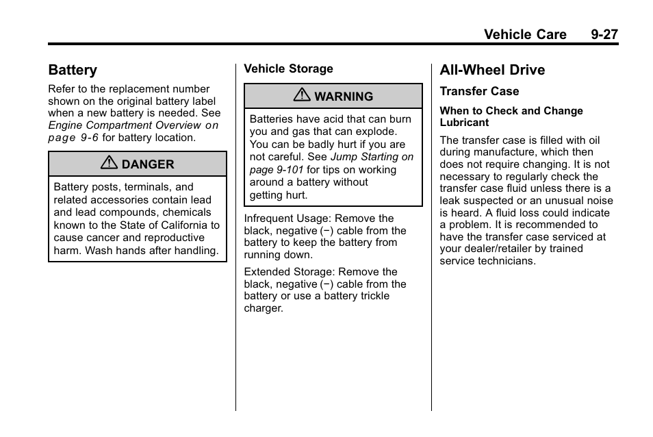 Battery, All-wheel drive, Battery -27 all-wheel drive -27 | Cadillac 2010 SRX Crossover User Manual | Page 331 / 470