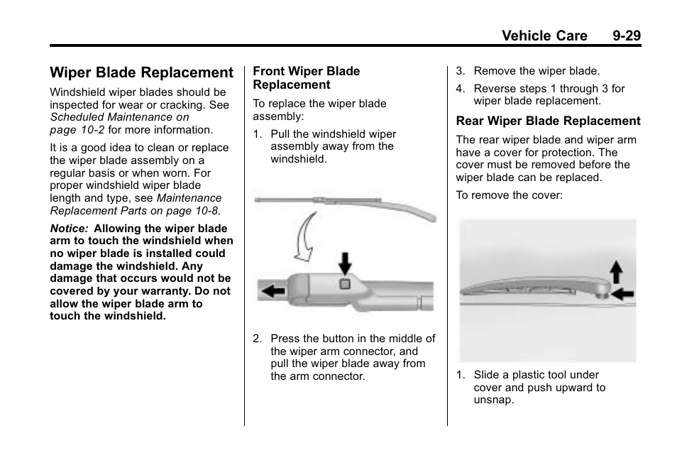 Wiper blade replacement, Wiper blade replacement -29, Wheels | Vehicle care 9-29 | Cadillac 2010 SRX Crossover User Manual | Page 333 / 470