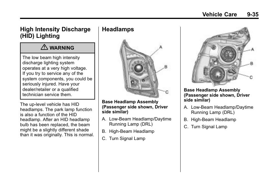 High intensity discharge (hid) lighting, Headlamps, High intensity discharge (hid) | Lighting -35, Headlamps -35, System | Cadillac 2010 SRX Crossover User Manual | Page 339 / 470