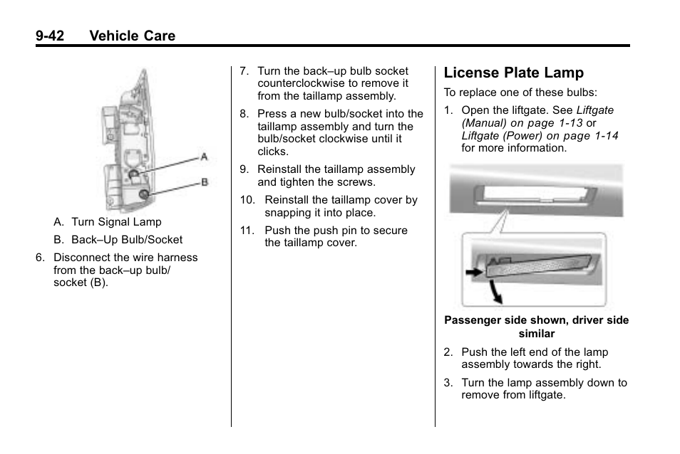 License plate lamp, Plate lamp -42, 42 vehicle care | Cadillac 2010 SRX Crossover User Manual | Page 346 / 470