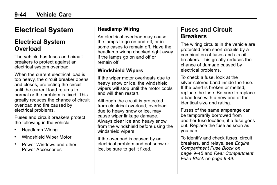 Electrical system, Electrical system overload, Fuses and circuit breakers | Electrical system -44, Customer information, System, Overload -44, And circuit, Breakers -44, Buying | Cadillac 2010 SRX Crossover User Manual | Page 348 / 470