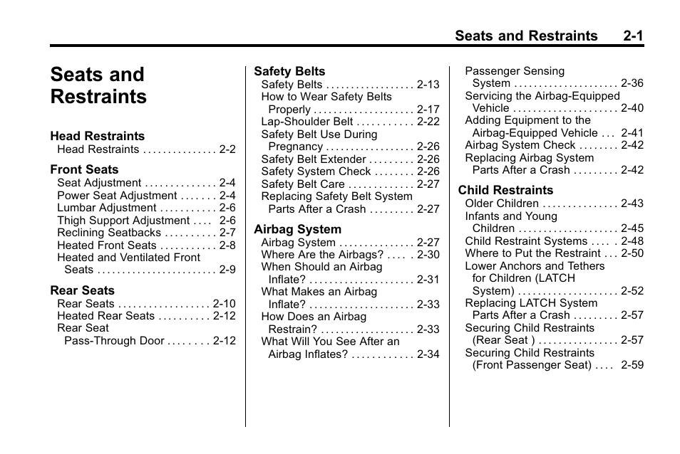 Seats and restraints, Seats and restraints -1, Seats and restraints 2-1 | Cadillac 2010 SRX Crossover User Manual | Page 35 / 470