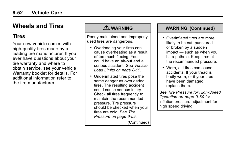 Wheels and tires, Tires, Wheels and tires -52 | Tires -52, 52 vehicle care | Cadillac 2010 SRX Crossover User Manual | Page 356 / 470