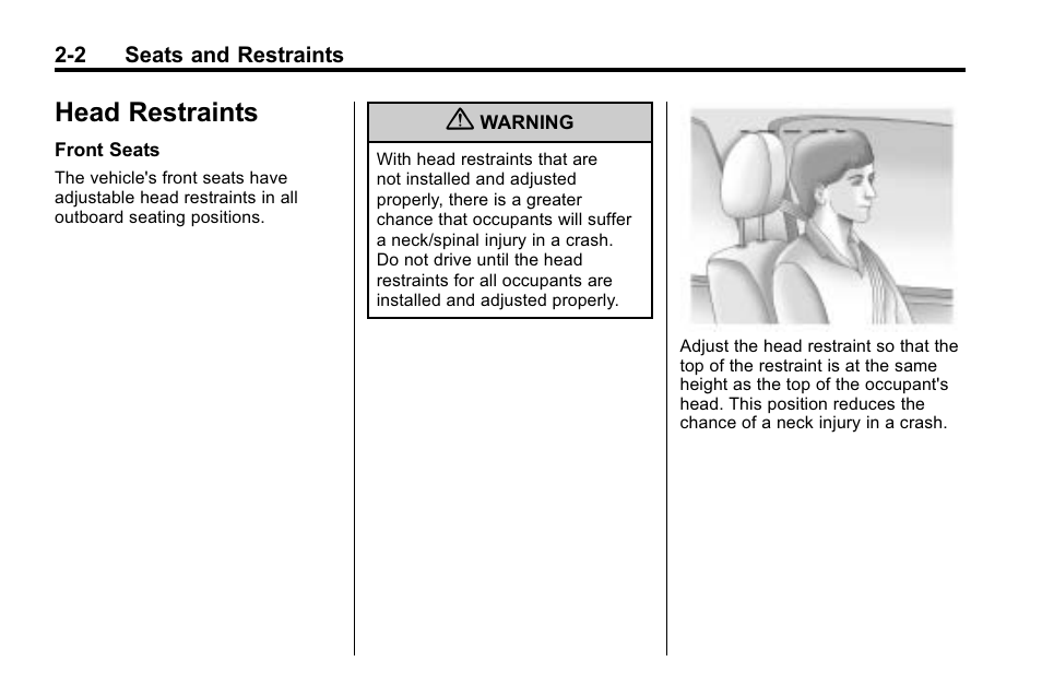 Head restraints, Head restraints -2, Pregnancy | Cadillac 2010 SRX Crossover User Manual | Page 36 / 470