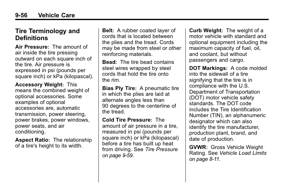 Tire terminology and definitions, Tire terminology and, Definitions -56 | Cadillac 2010 SRX Crossover User Manual | Page 360 / 470