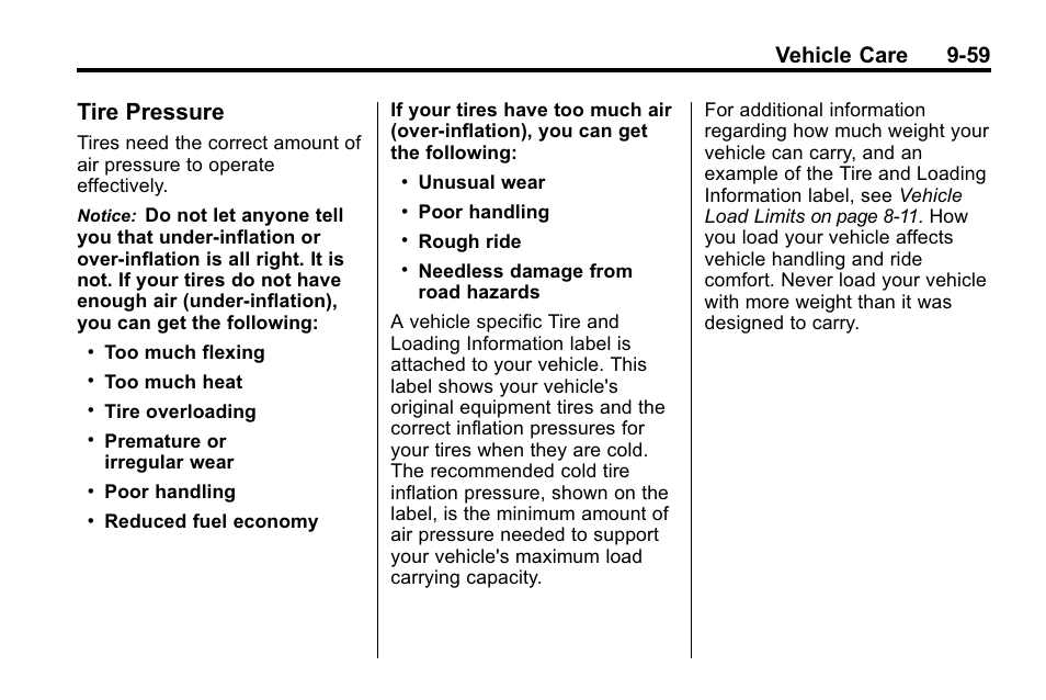 Tire pressure, Tire pressure -59, Vehicle care 9-59 | Cadillac 2010 SRX Crossover User Manual | Page 363 / 470