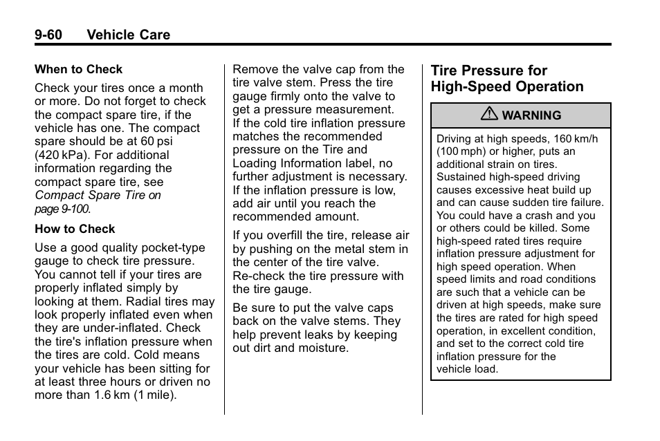 Tire pressure for high-speed operation, Tire pressure for high-speed, Operation -60 | Cadillac 2010 SRX Crossover User Manual | Page 364 / 470