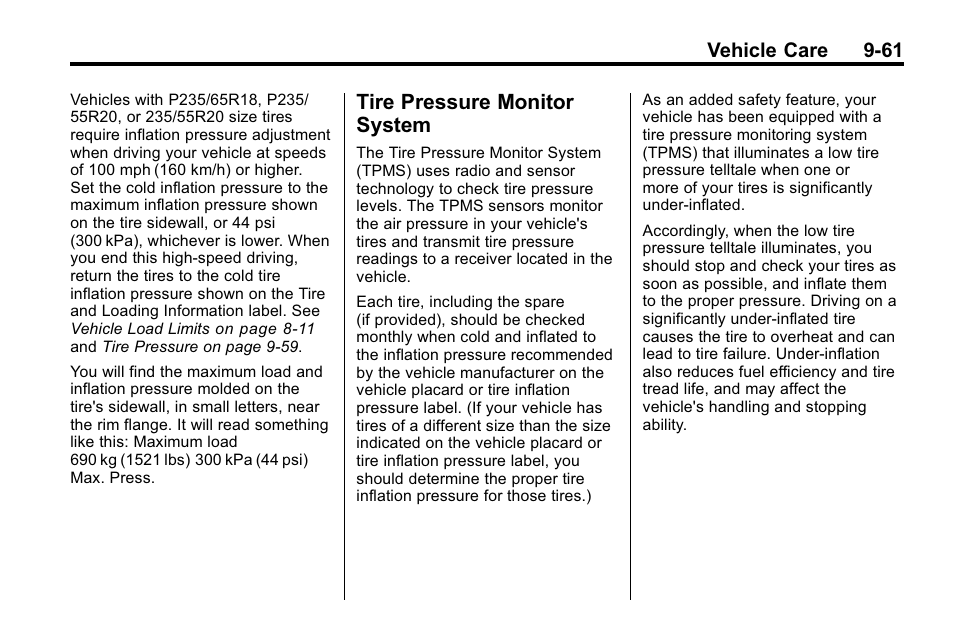 Tire pressure monitor system, Tire pressure monitor | Cadillac 2010 SRX Crossover User Manual | Page 365 / 470