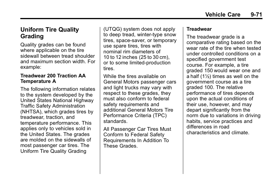 Uniform tire quality grading, Uniform tire quality, Grading -71 | Cadillac 2010 SRX Crossover User Manual | Page 375 / 470