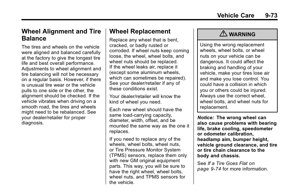 Wheel alignment and tire balance, Wheel replacement, Wheel alignment and tire | Balance -73, Wheel replacement -73 | Cadillac 2010 SRX Crossover User Manual | Page 377 / 470