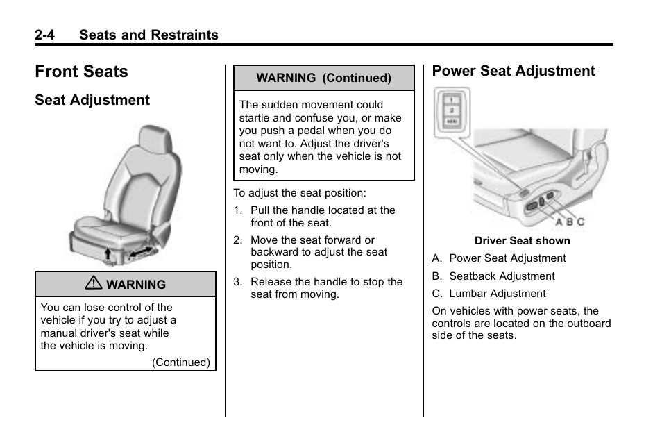 Front seats, Seat adjustment, Power seat adjustment | Front seats -4, Lighting, Seat adjustment -4 power seat adjustment -4, Replacing | Cadillac 2010 SRX Crossover User Manual | Page 38 / 470