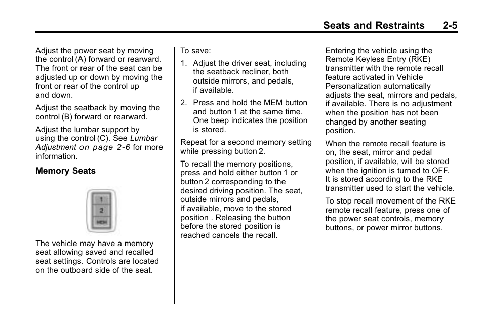 Seats and restraints 2-5 | Cadillac 2010 SRX Crossover User Manual | Page 39 / 470