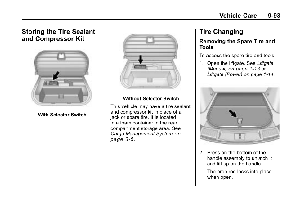 Storing the tire sealant and compressor kit, Tire changing, Storing the tire sealant and | Compressor kit -93, Tire changing -93 | Cadillac 2010 SRX Crossover User Manual | Page 397 / 470