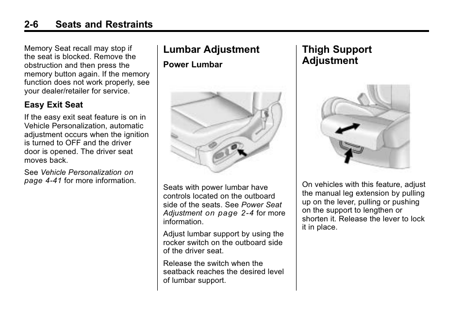 Lumbar adjustment, Thigh support adjustment, Lumbar adjustment -6 thigh support adjustment -6 | Cadillac 2010 SRX Crossover User Manual | Page 40 / 470