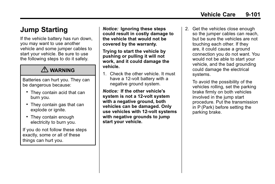 Jump starting, Jump starting -101, Vehicle care 9-101 | Cadillac 2010 SRX Crossover User Manual | Page 405 / 470