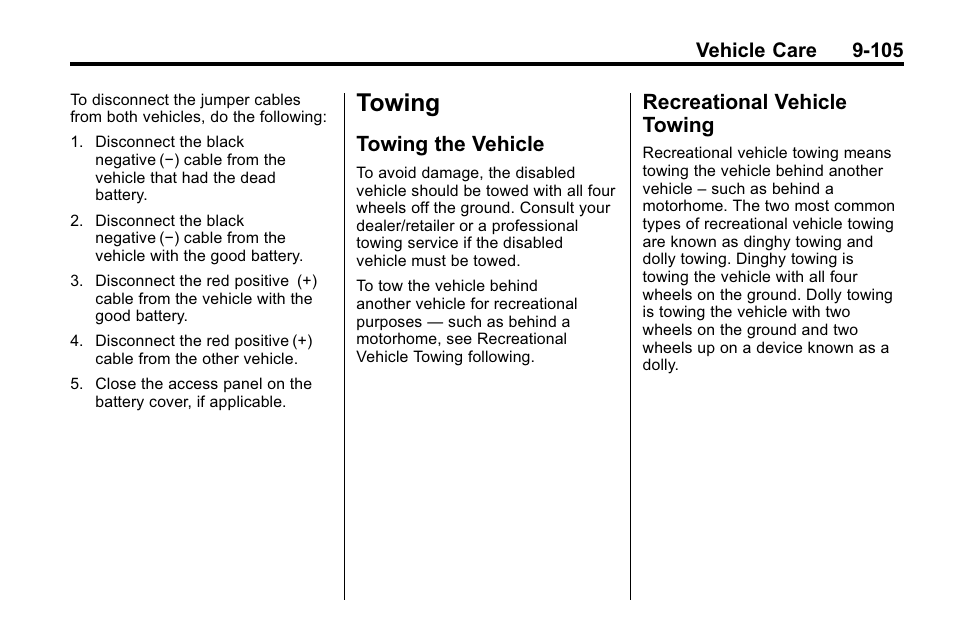 Towing, Towing the vehicle, Recreational vehicle towing | Towing -105, Privacy, Towing the vehicle -105 recreational vehicle | Cadillac 2010 SRX Crossover User Manual | Page 409 / 470