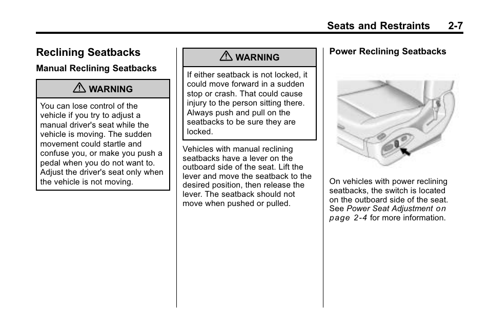 Reclining seatbacks, Reclining seatbacks -7, Airbag | Cadillac 2010 SRX Crossover User Manual | Page 41 / 470